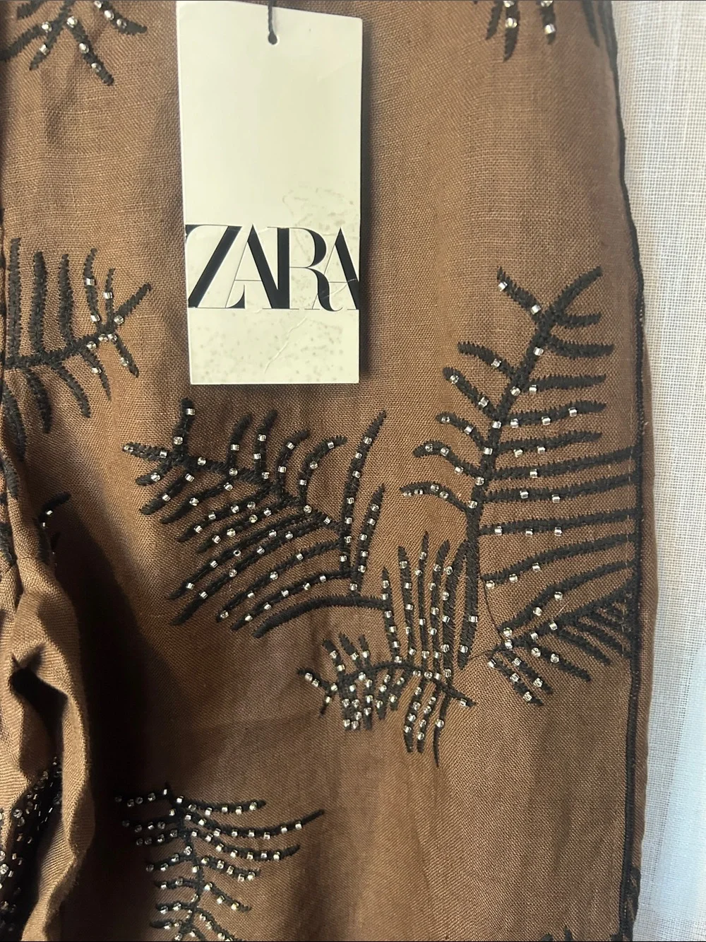 ZARA Brown Embellished Paperbag Waist Wide-Leg Pants